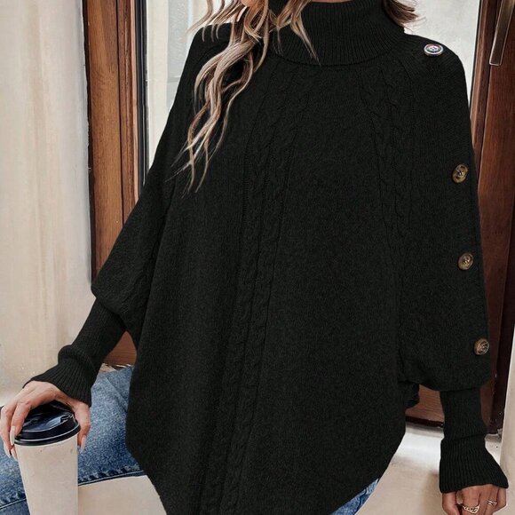 Black Casual Women's Turtleneck Batwing Sleeve Button Detail Poncho Sweater top - Picture 6 of 7